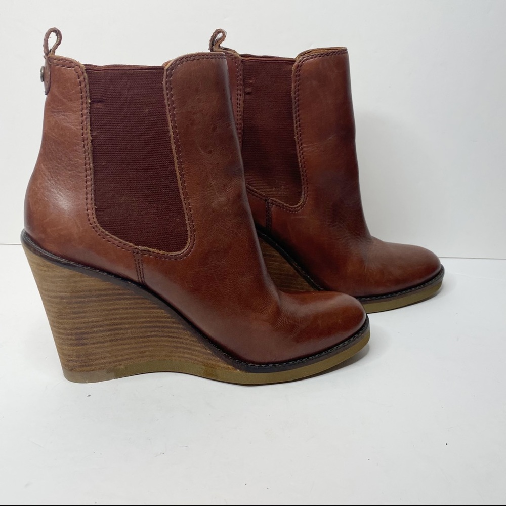 Lucky Brand Size 7.5 Fedora Brown Leather Wedge Pull On Ankle Boots